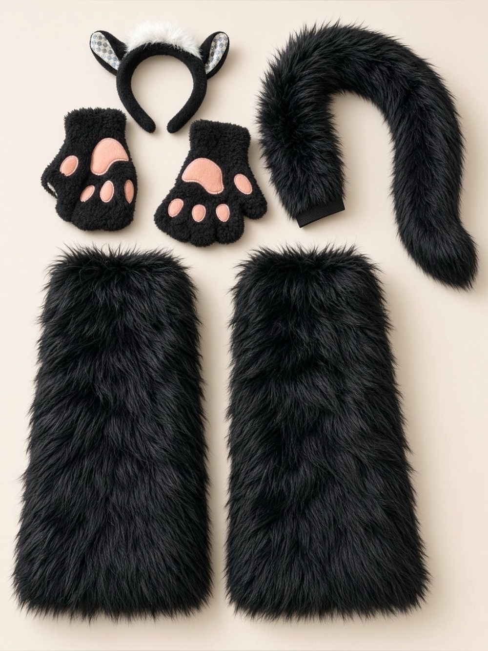Black Faux Fur Cat Costume Accessories Set – Ears, Paw Gloves, Tail & Fur Pieces